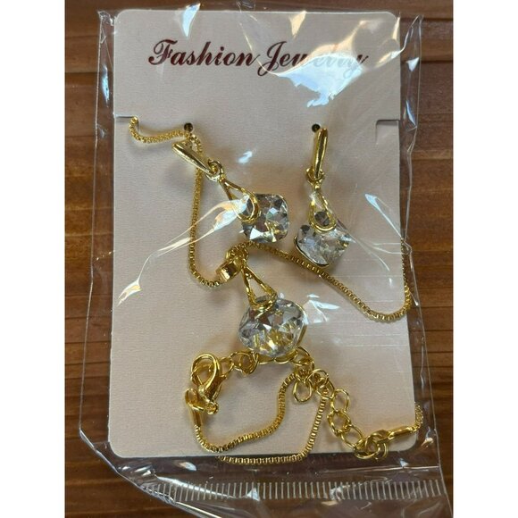 Gold-Tone Chain Necklace & Earrings Set With Clear Round Crystal Pendants - Picture 2 of 4